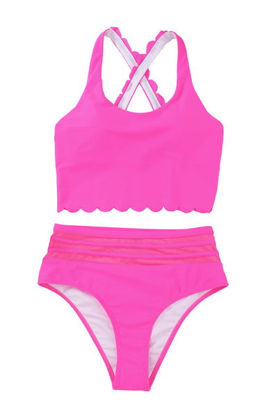 Bright Pink Scalloped Criss Cross High Waist Bikini
