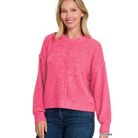 FUCHSIA BRUSHED MELANGE HACCI HI-LOW HEM SWEATER