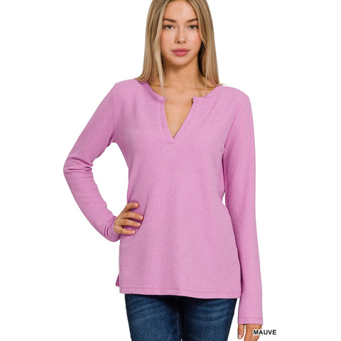 NWT MAUVE BABY WAFFLE V-NECK LONG SLEEVE TOP