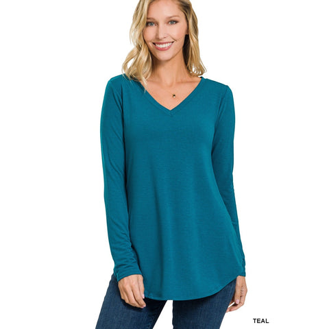 TEAL LONG SLEEVE V-NECK ROUND HEM TOP