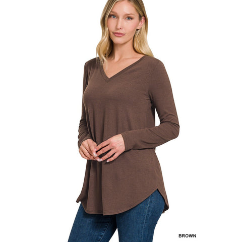 NWT BROWN LONG SLEEVE V-NECK ROUND HEM TOP